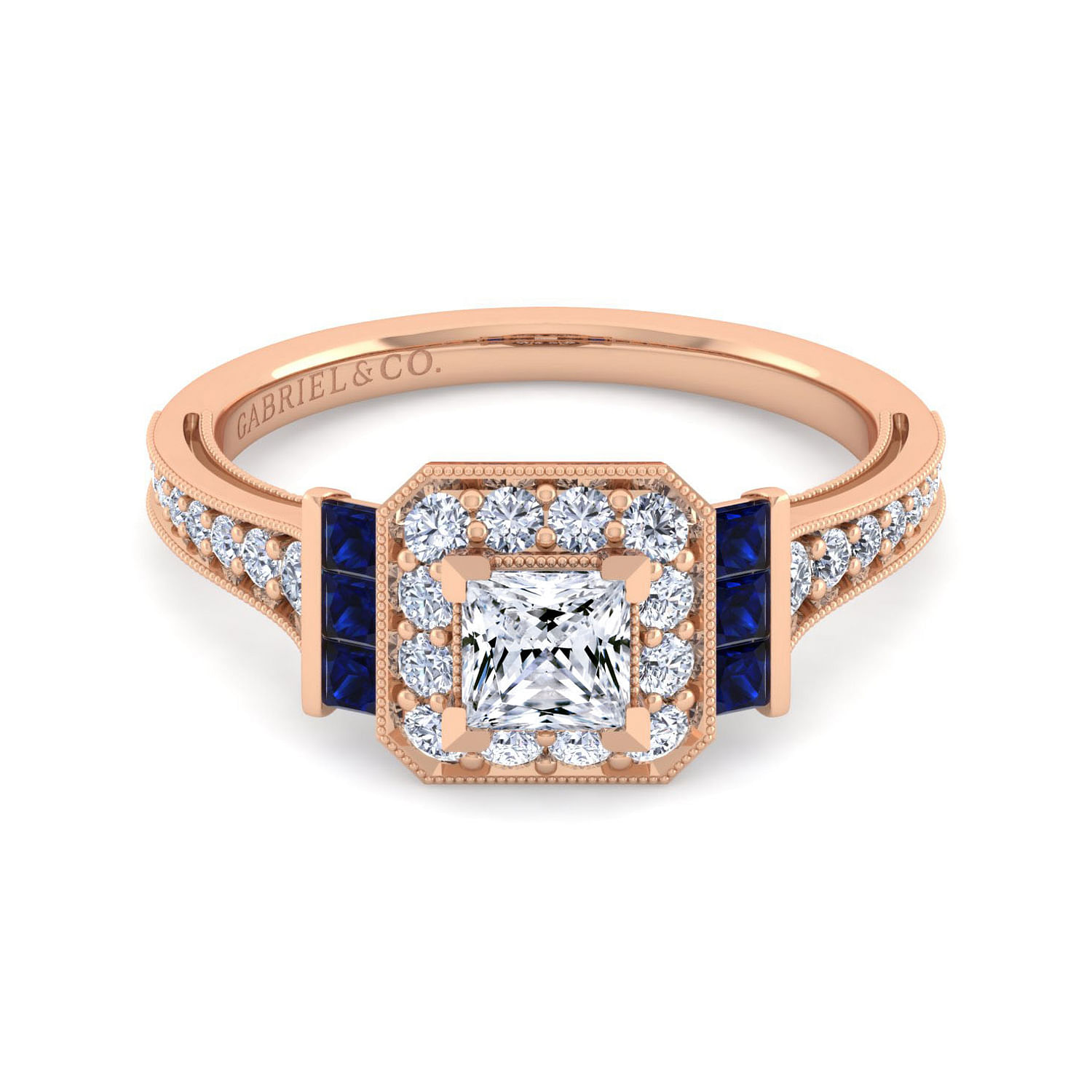 Vintage 14K Rose Gold Princess Halo Diamond and Sapphire
