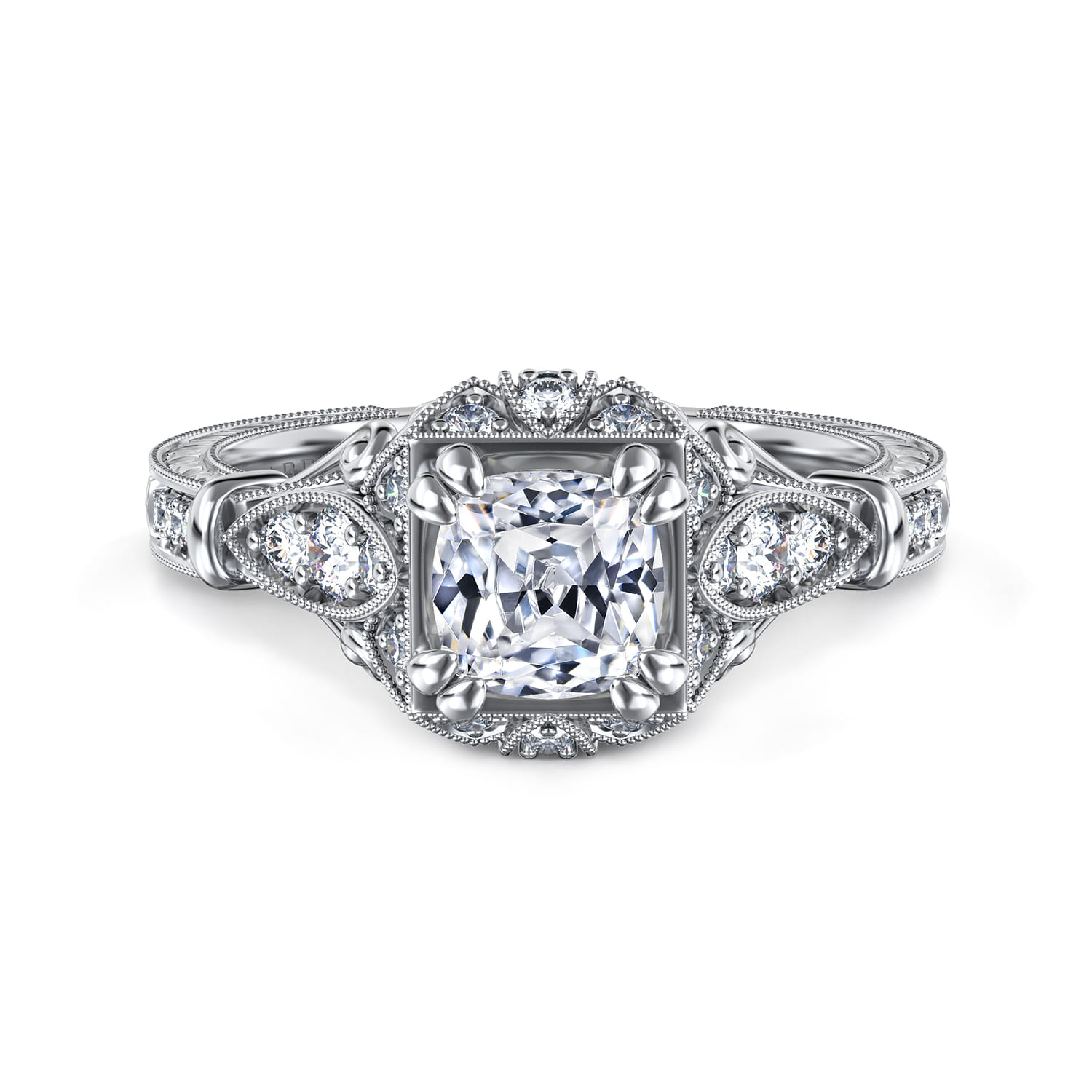 Unique 14k White Gold Vintage Cushion Cut Halo Engagement Ring