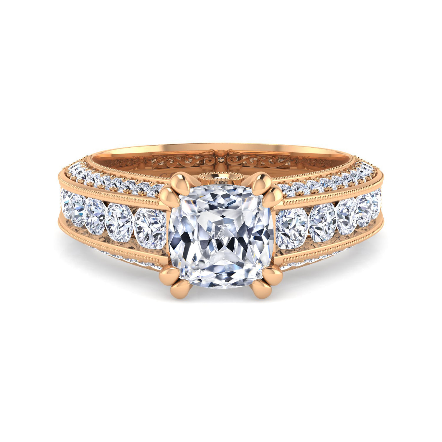 Vintage 14k Rose Gold Wide Band Cushion Cut Diamond Engagement