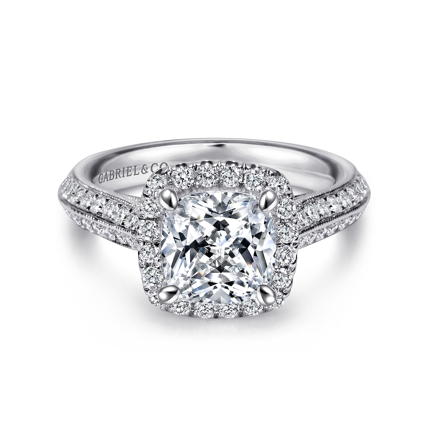 Vintage 14k White Gold Cushion Halo Diamond Engagement Ring
