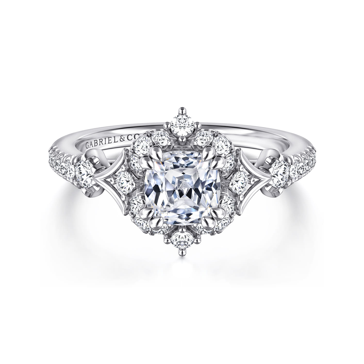 Vintage 14k White Gold Fancy Halo Cushion Cut Diamond Engagement