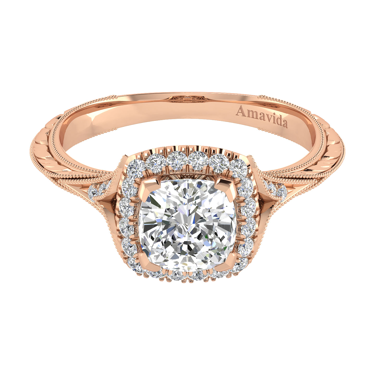 Vintage 18k Rose Gold Cushion Halo Diamond Engagement Ring