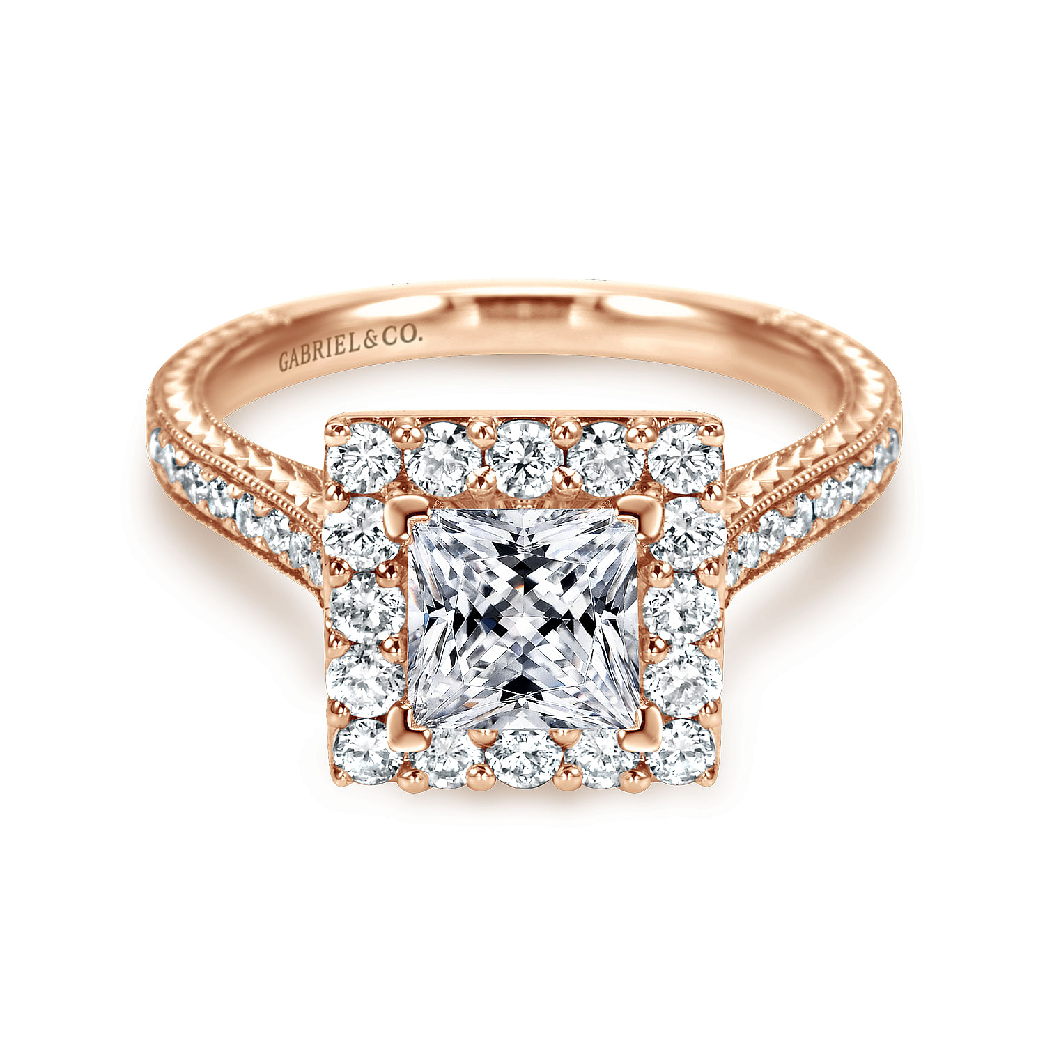 Zelda 14k Rose Gold Princess Cut Halo Engagement Ring angle 1 Zelda 14k Rose Gold Princess Cut Halo Engagement Ring angle 1