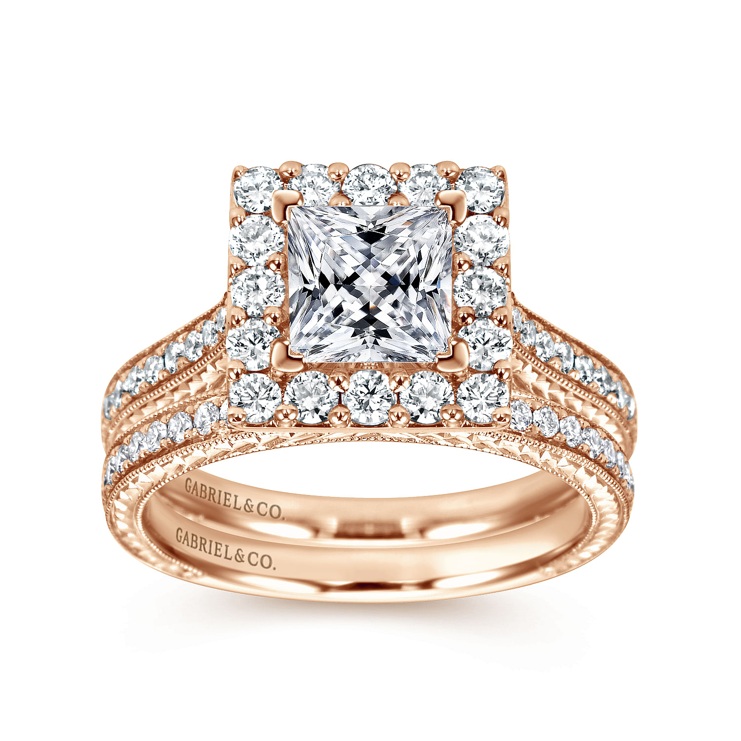 Zelda 14k Rose Gold Princess Cut Halo Engagement Ring angle 4 Zelda 14k Rose Gold Princess Cut Halo Engagement Ring angle 4