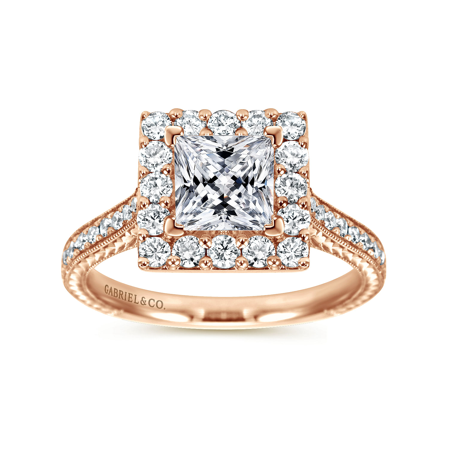 Zelda 14k Rose Gold Princess Cut Halo Engagement Ring angle 5 Zelda 14k Rose Gold Princess Cut Halo Engagement Ring angle 5