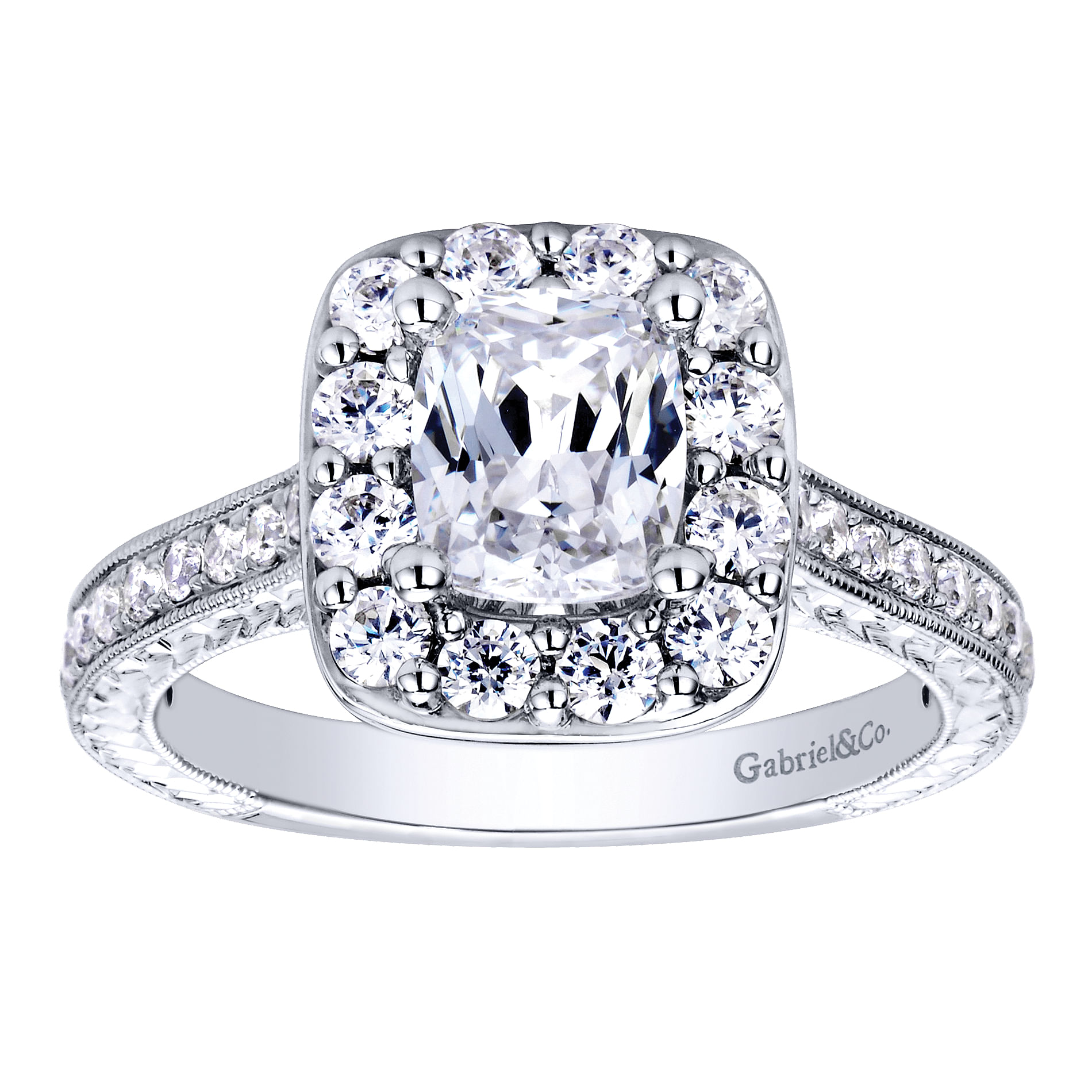 Zelda 14k White Gold Cushion Cut Halo Engagement Ring angle 5 Zelda 14k White Gold Cushion Cut Halo Engagement Ring angle 5