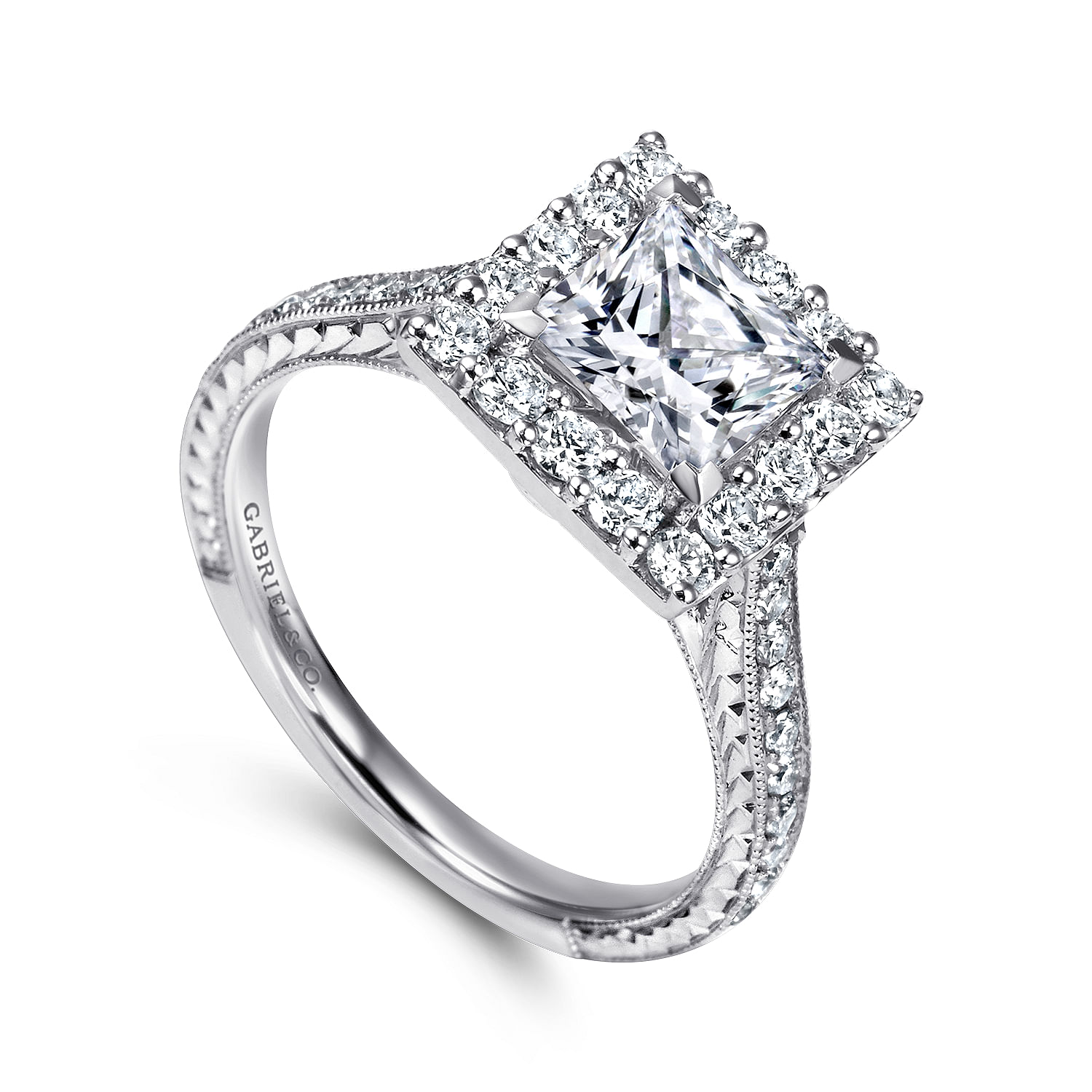Zelda 14k White Gold Princess Cut Halo Engagement Ring angle 3 Zelda 14k White Gold Princess Cut Halo Engagement Ring angle 3