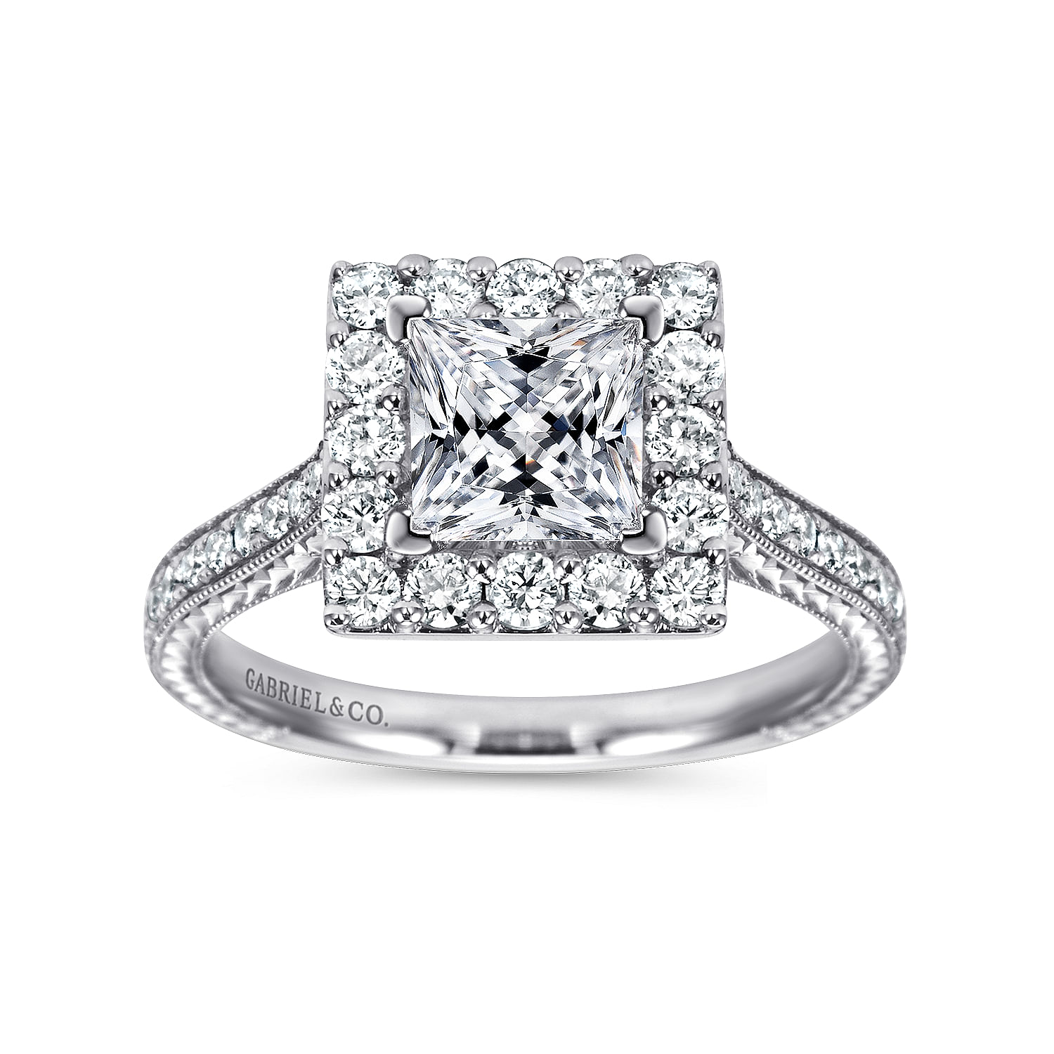 Zelda 14k White Gold Princess Cut Halo Engagement Ring angle 5 Zelda 14k White Gold Princess Cut Halo Engagement Ring angle 5