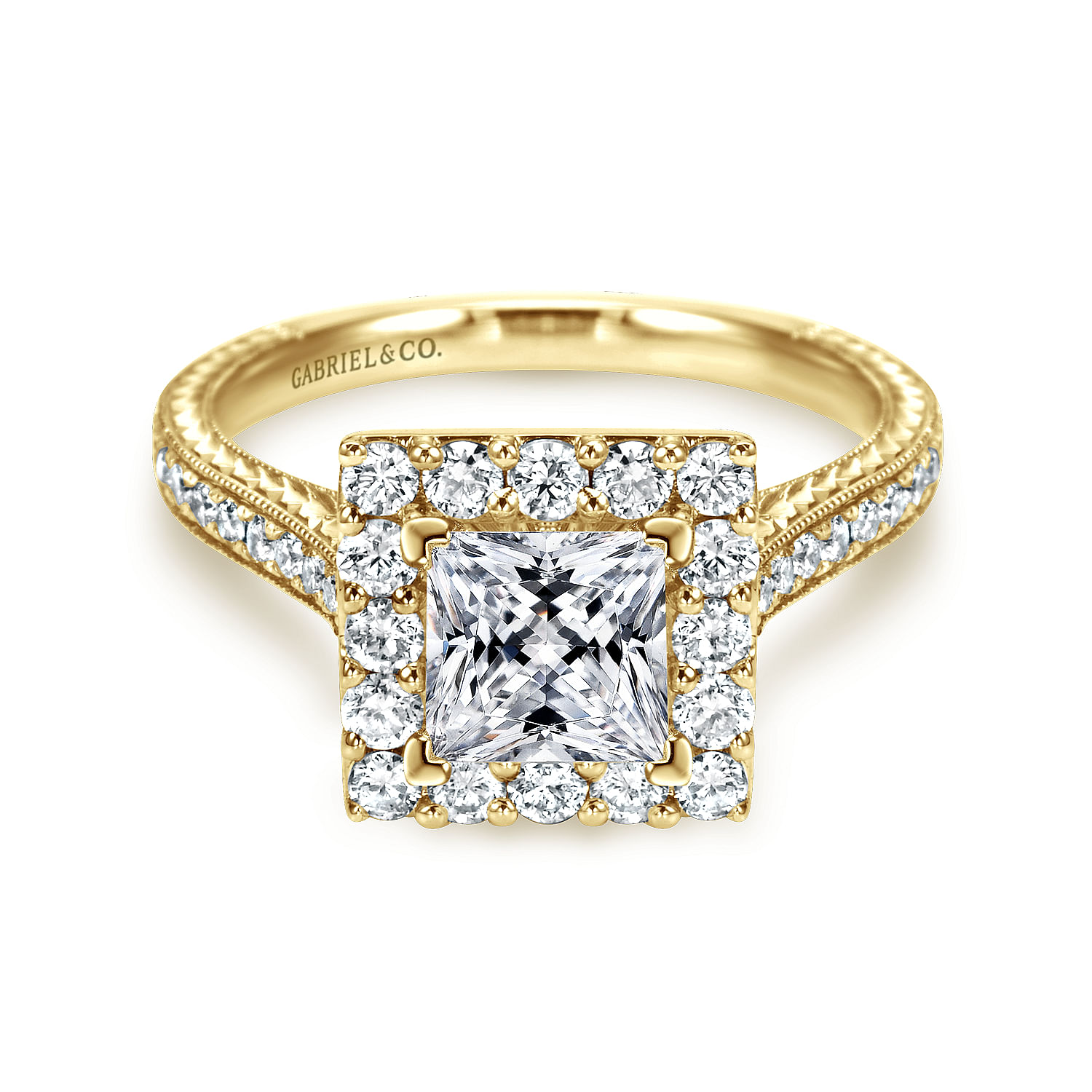 Zelda 14k Yellow Gold Princess Cut Halo Engagement Ring angle 1 Zelda 14k Yellow Gold Princess Cut Halo Engagement Ring angle 1
