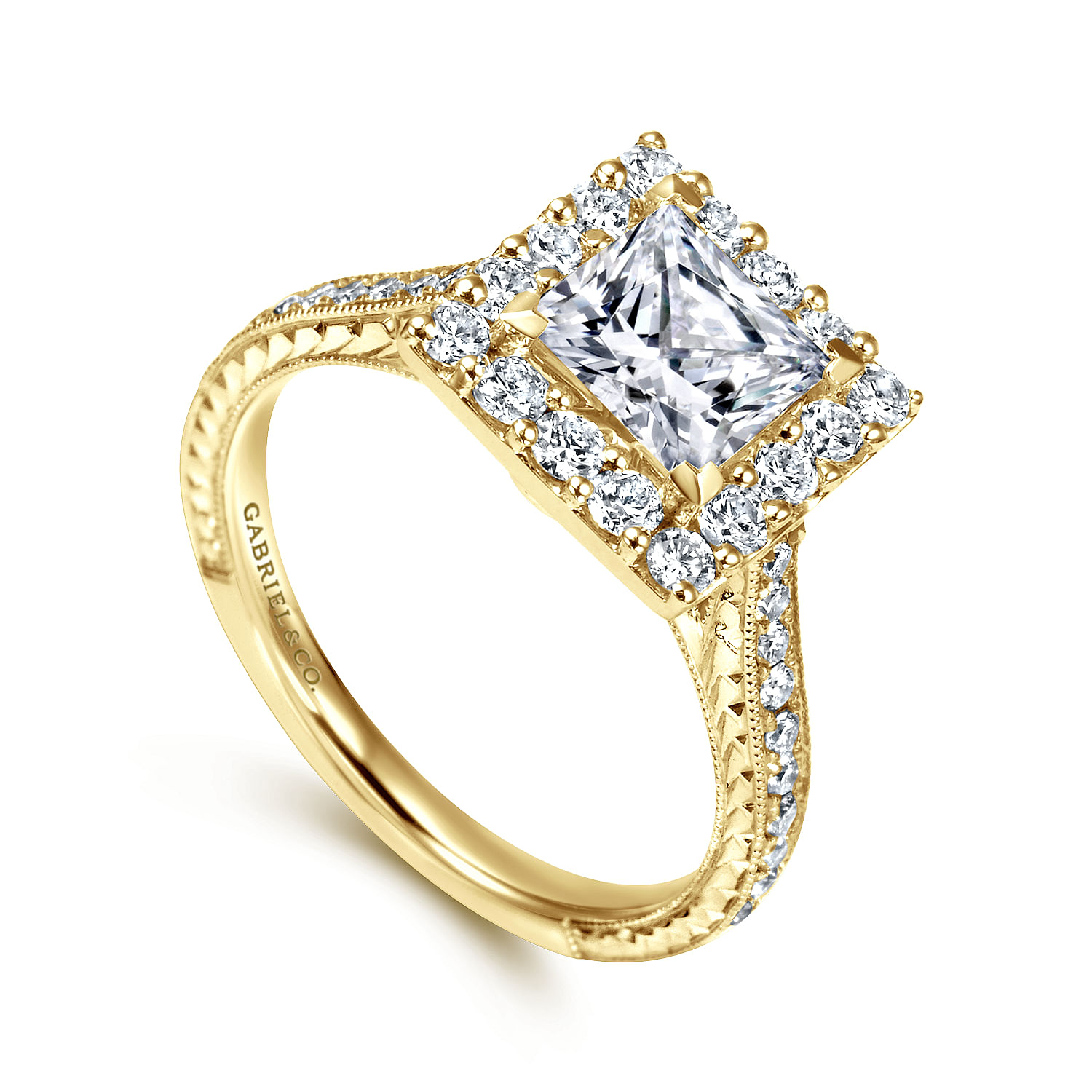 Zelda 14k Yellow Gold Princess Cut Halo Engagement Ring angle 3 Zelda 14k Yellow Gold Princess Cut Halo Engagement Ring angle 3