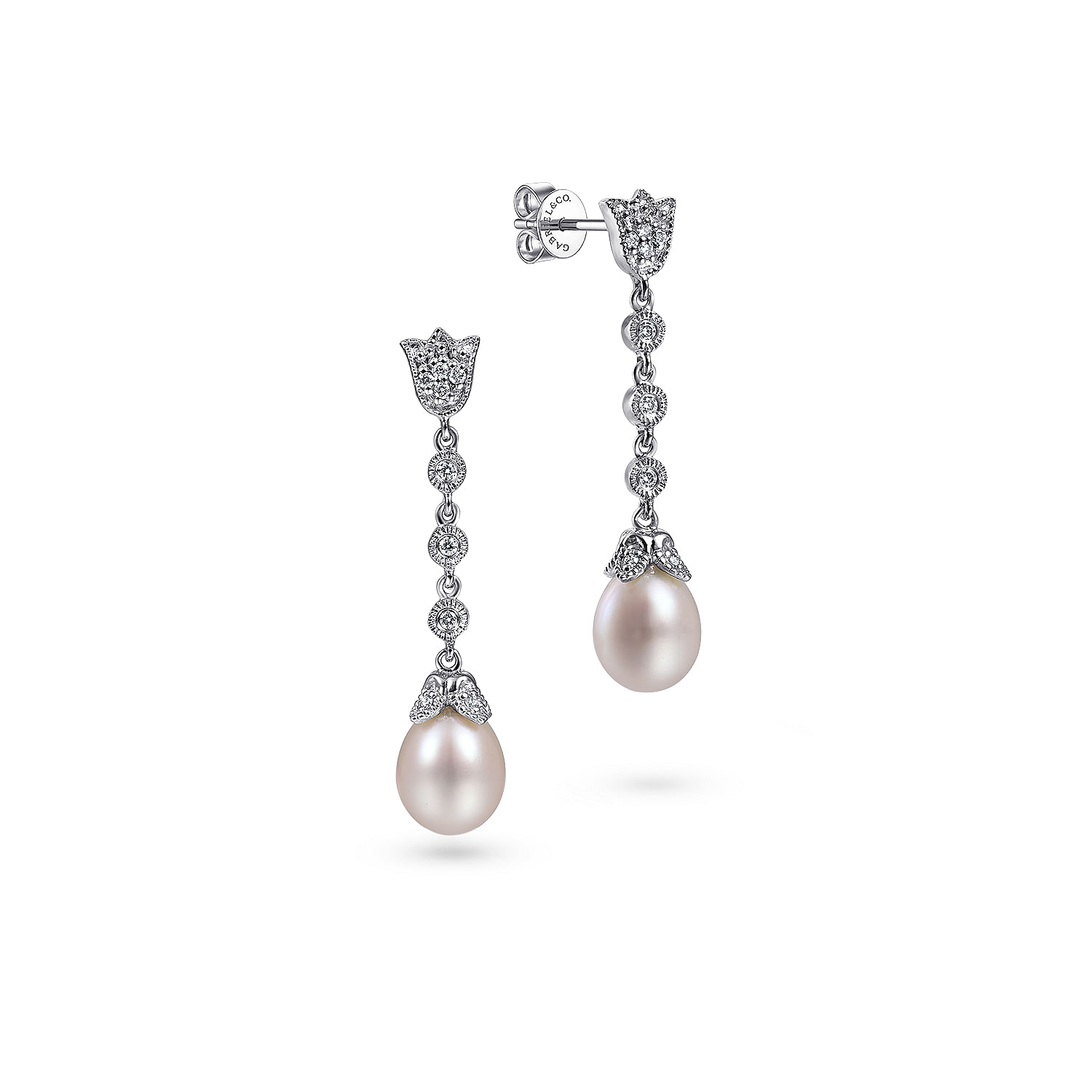 14K White Gold Floral Pearl Diamond Drop Earrings | EG9727W45PL