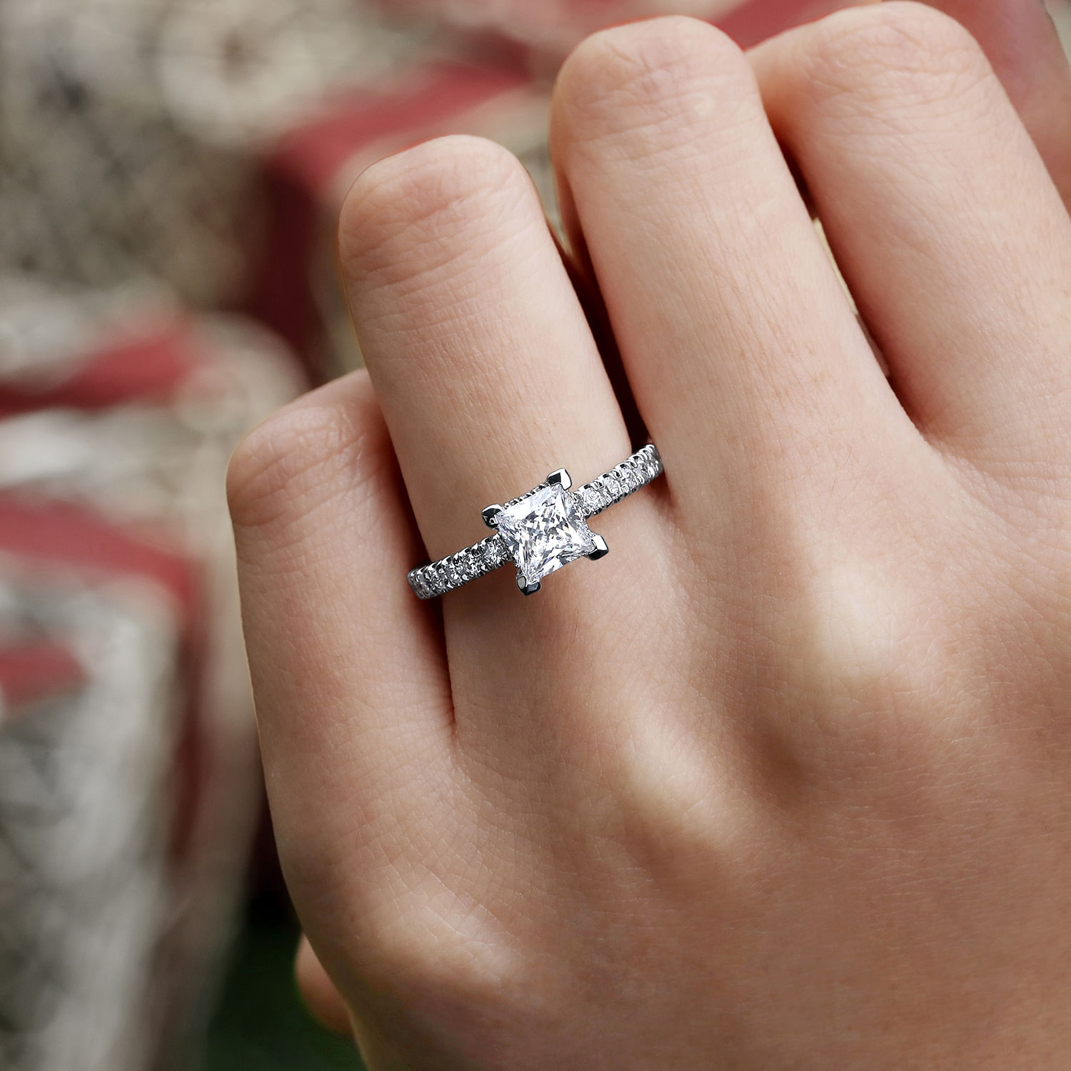 14K White Gold Hidden Halo Princess Cut Diamond Engagement Ring
