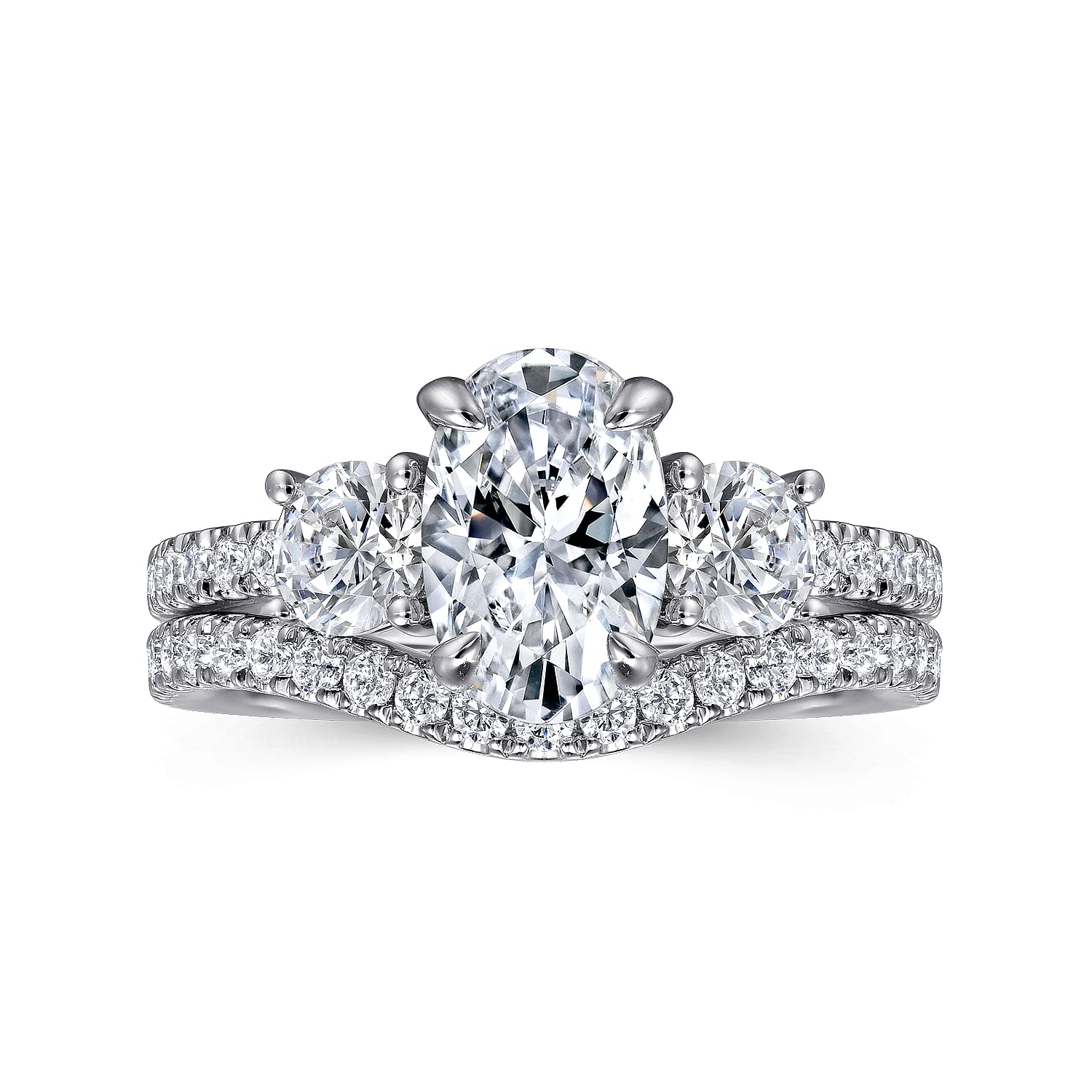14K White Gold Oval Three Stone Diamond Engagement Ring