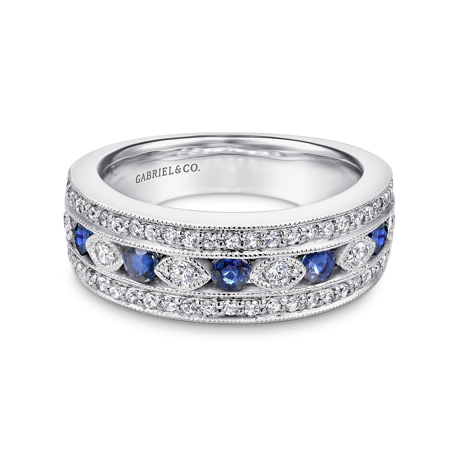 sapphire and diamond band in 14k white gold