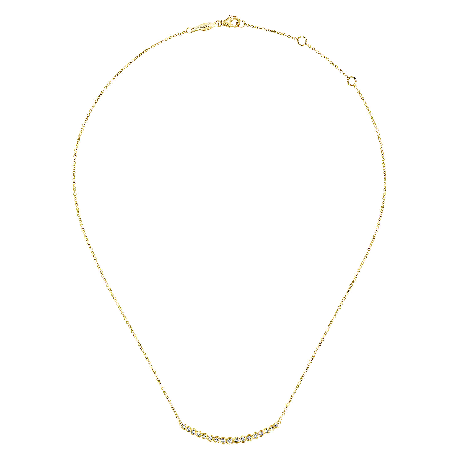 14K Yellow Gold Curved Bar Necklace with Bezel Set Round Diamonds