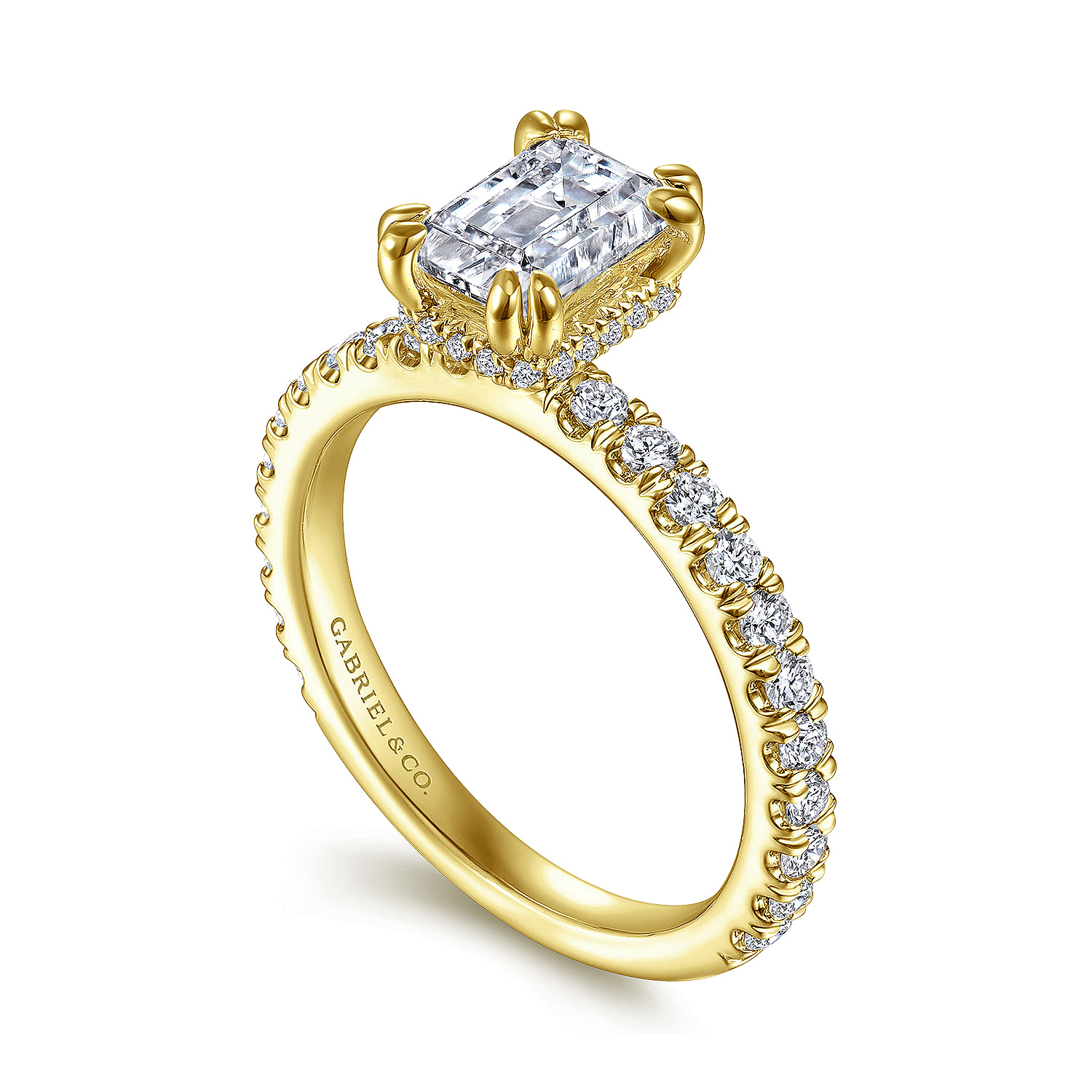 14K Yellow Gold Hidden Halo Emerald Cut Diamond Engagement Ring