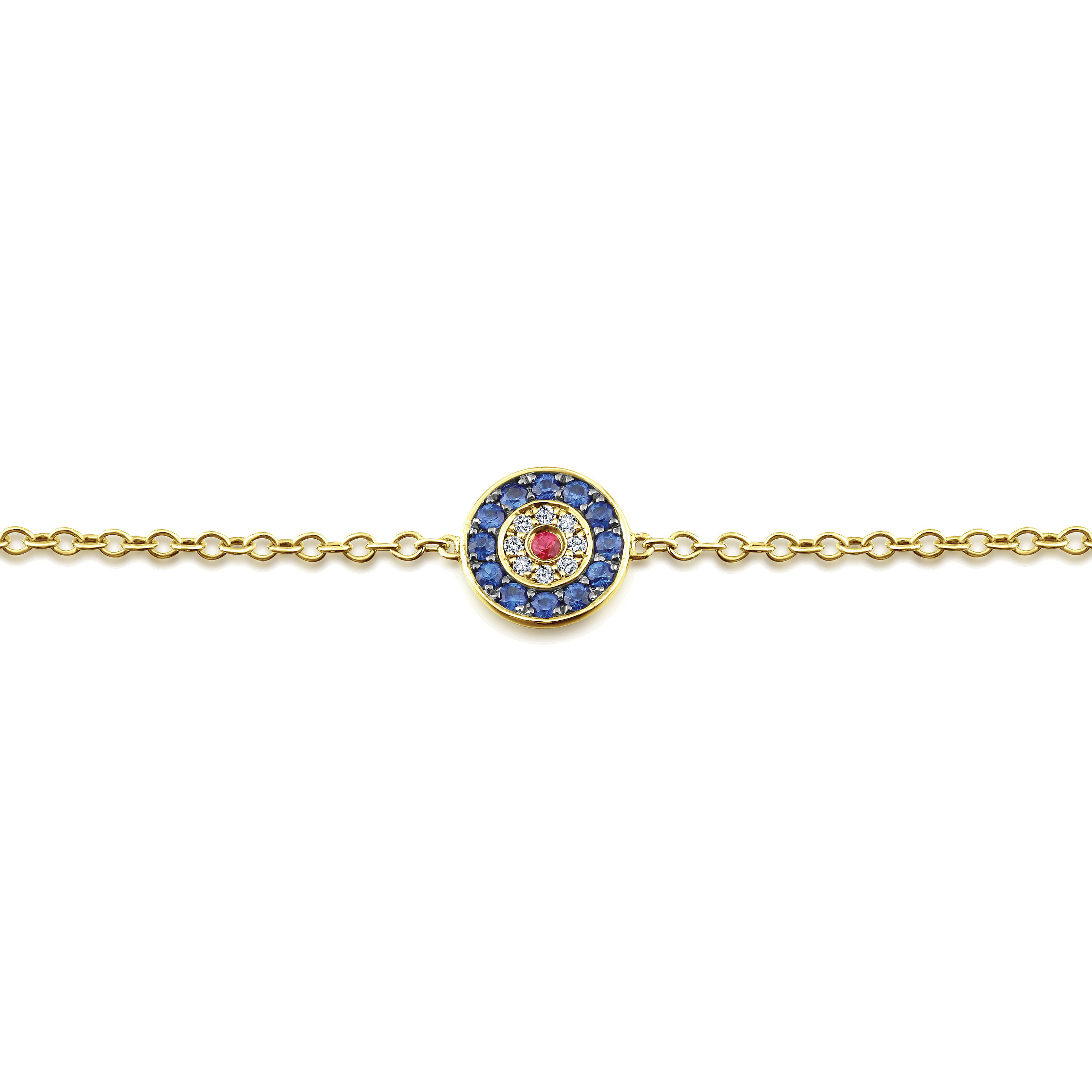 14K Yellow Gold Round Sapphire, Diamond and Ruby Evil Eye Bracelet