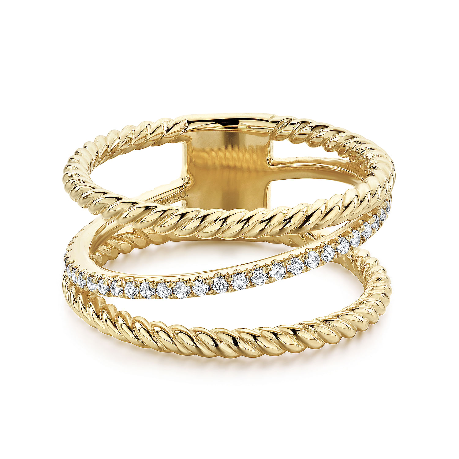 14K Yellow Gold Three Row Twisted Rope and Diamond Band Open Ring, LR51160Y45JJ