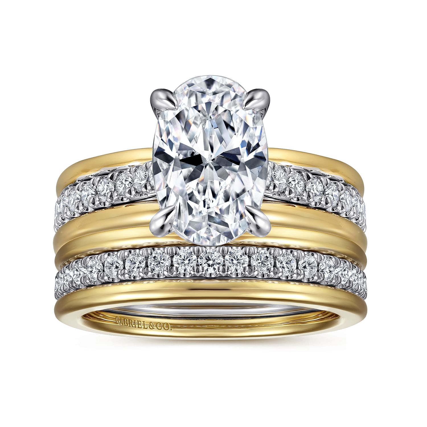 14K Yellow-White Gold Wide Band Oval Diamond Engagement Ring