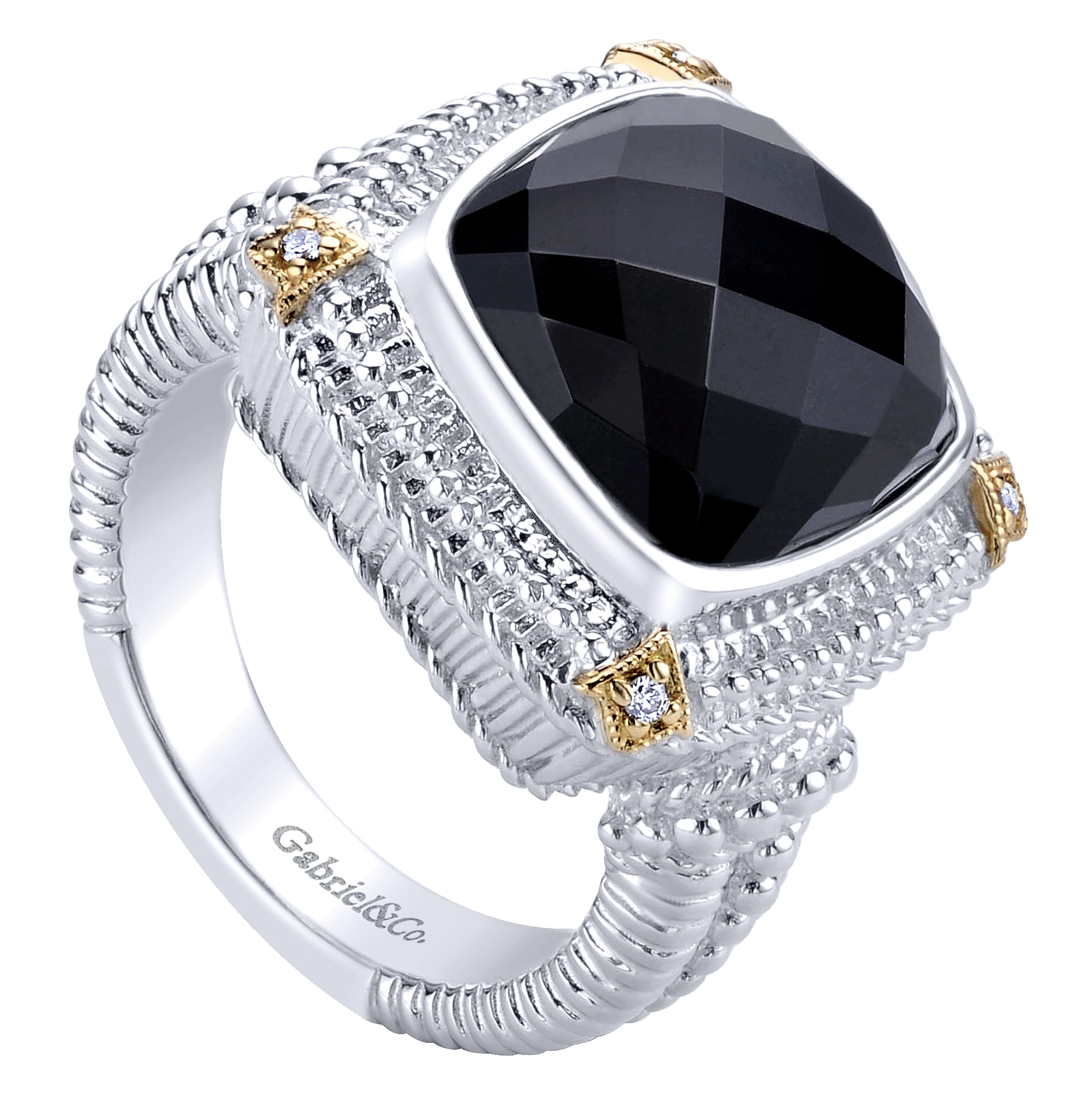 925 Sterling Silver-18K Yellow Gold Cushion Cut Rock Crystal/Black Onyx  Ring - LR5510MY5XO