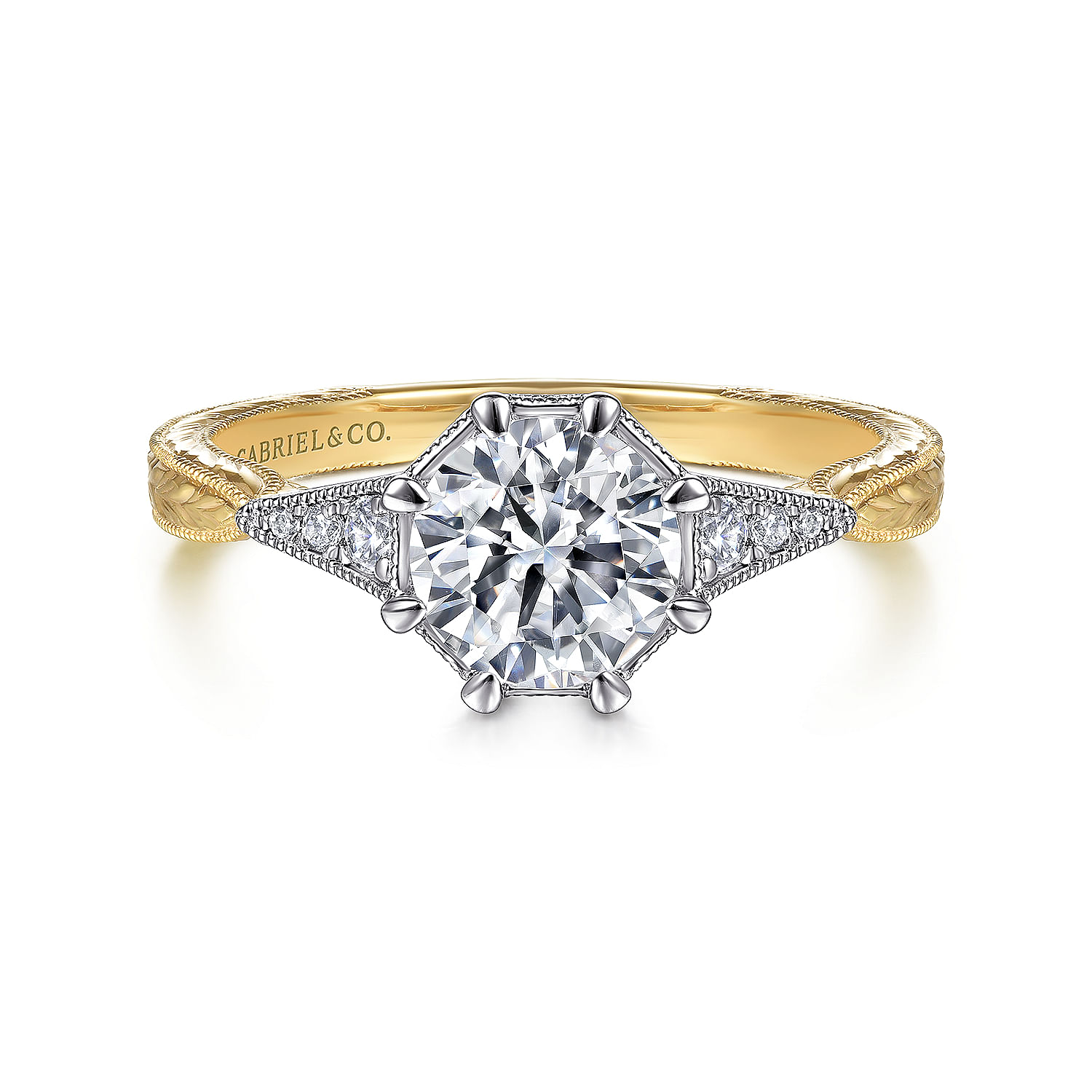 Vintage Inspired 14K White-Yellow Gold Round Diamond Channel Set Engagement Ring