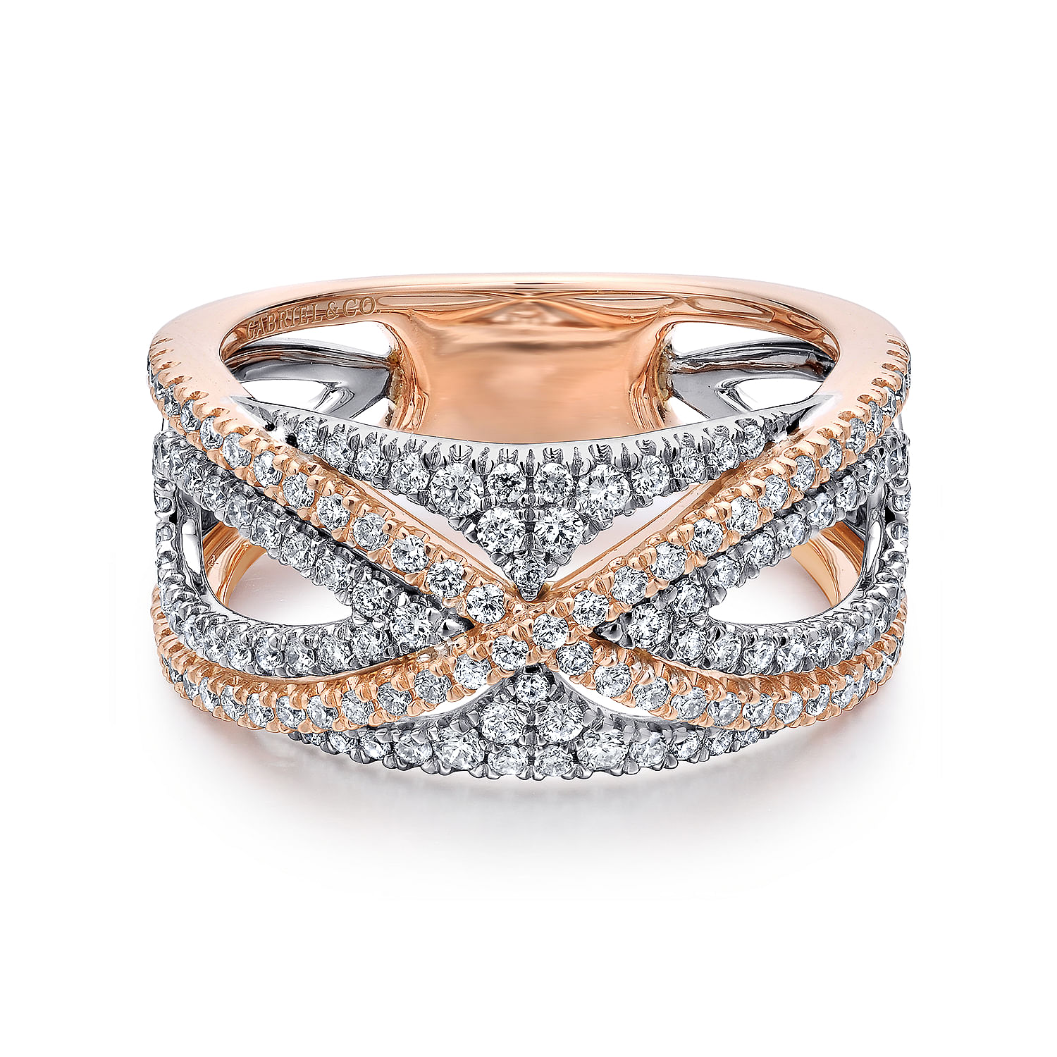 Wide 14K White and Rose Gold French Pavé Set Diamond Anniversary Band