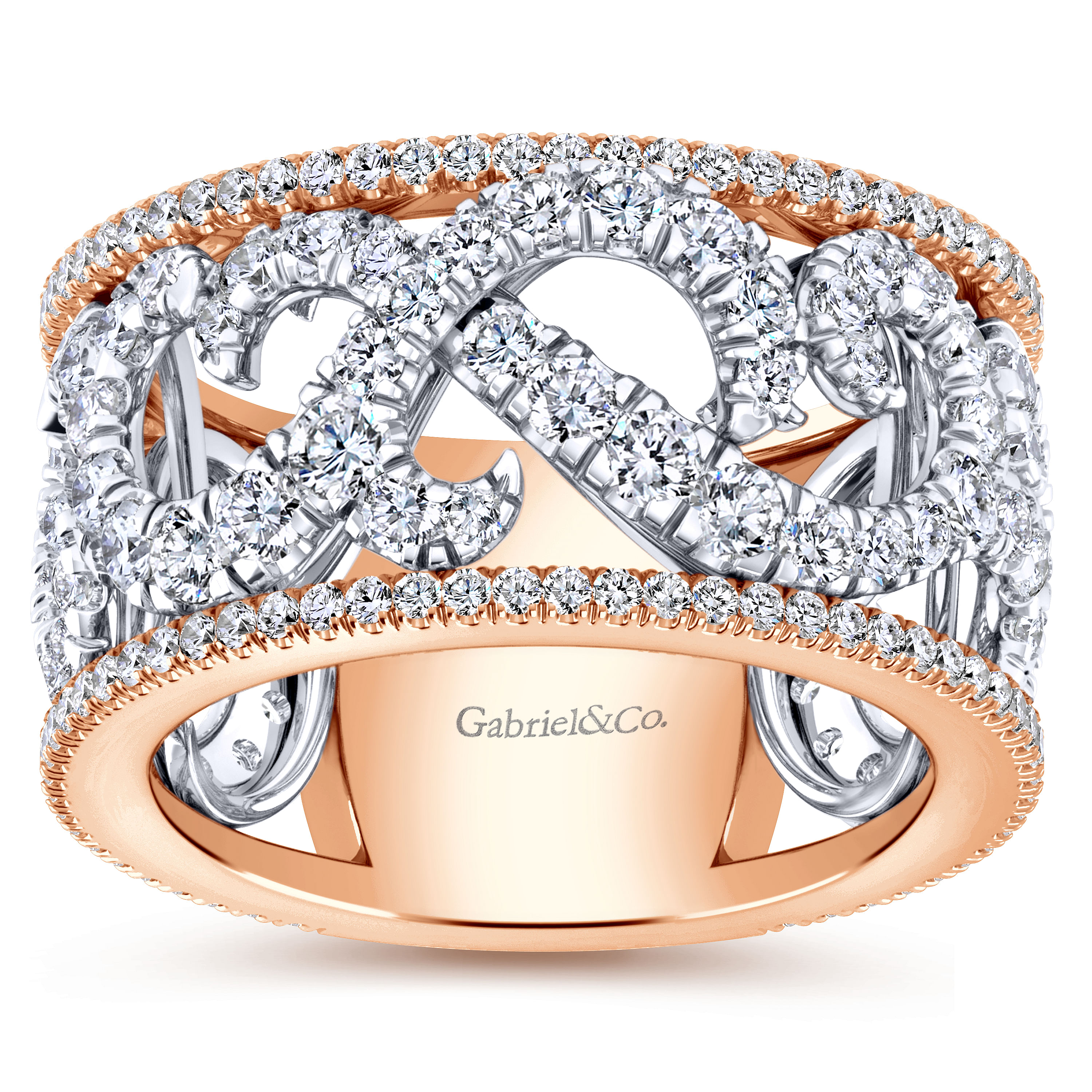 Wide 14K White and Rose Gold French Pavé Set Scrollwork Design Diamond Ring