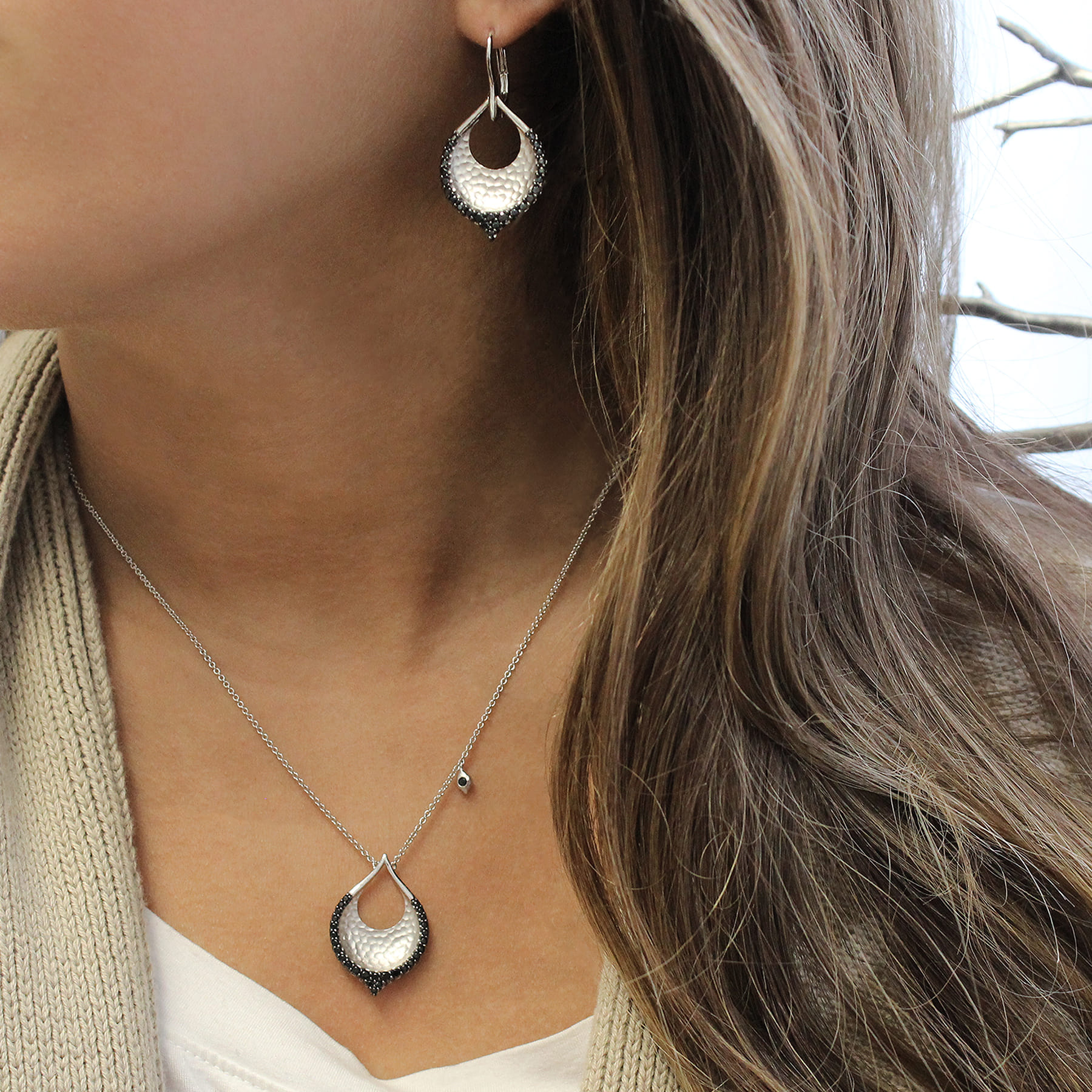 Sterling Silver Hammered Teardrop Leverback Earrings with Black Spinel