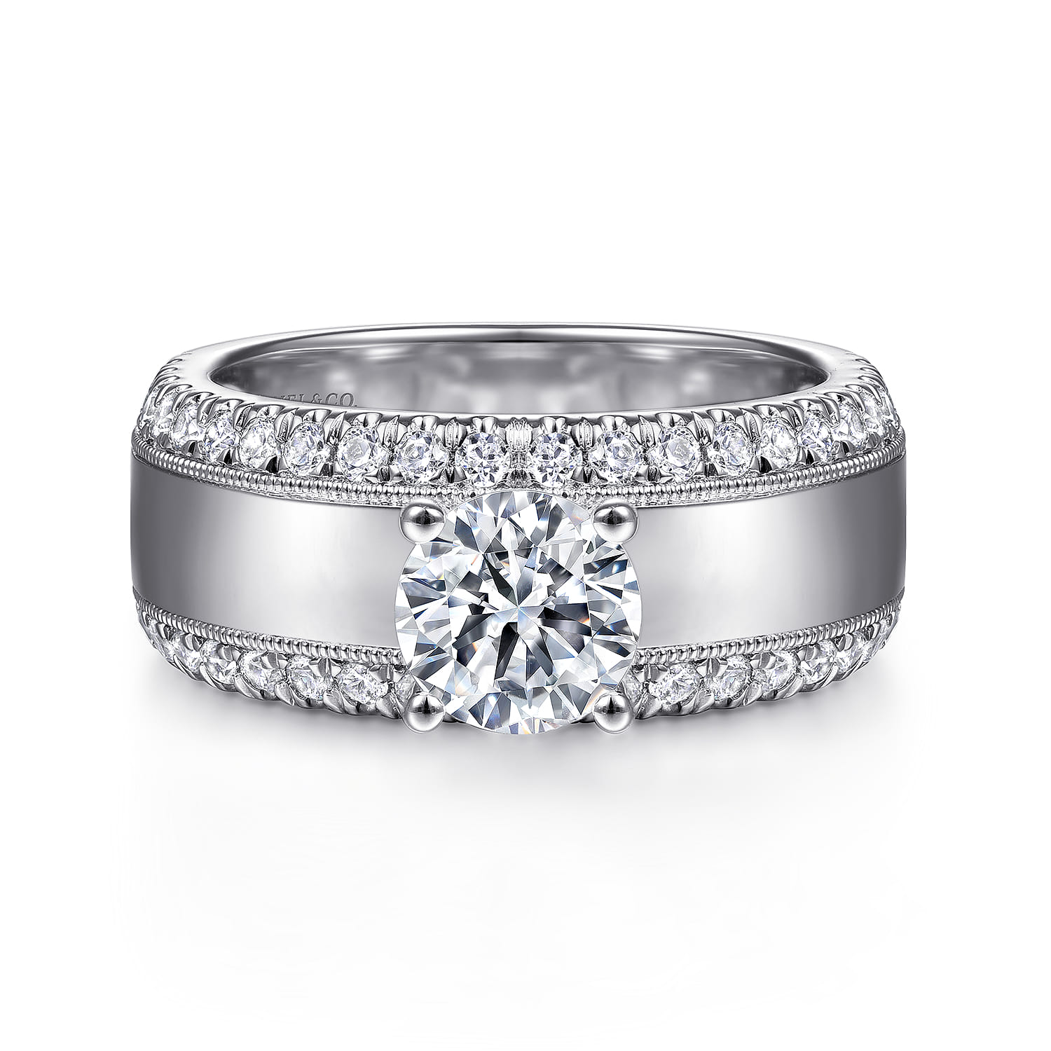 14K White Gold Round Diamond Wide Band Engagement Ring