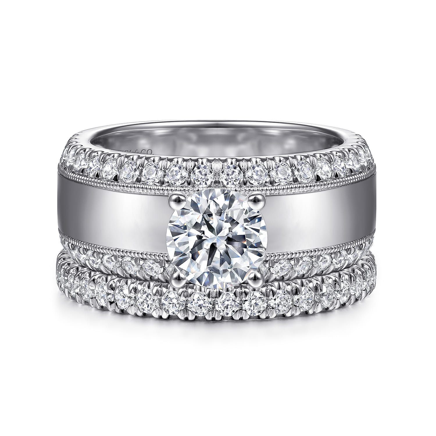 14K White Gold Round Diamond Wide Band Engagement Ring