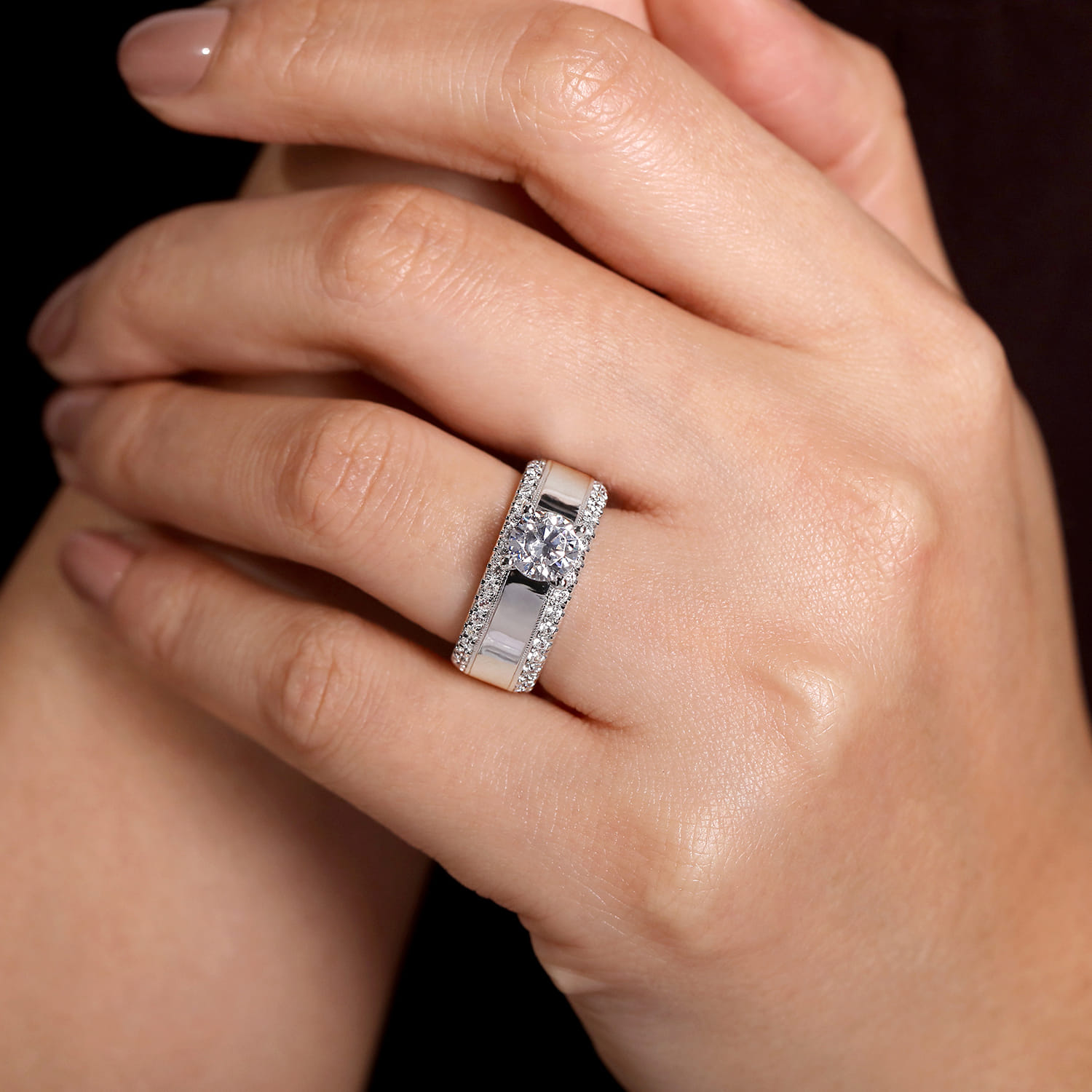 14K White Gold Round Diamond Wide Band Engagement Ring