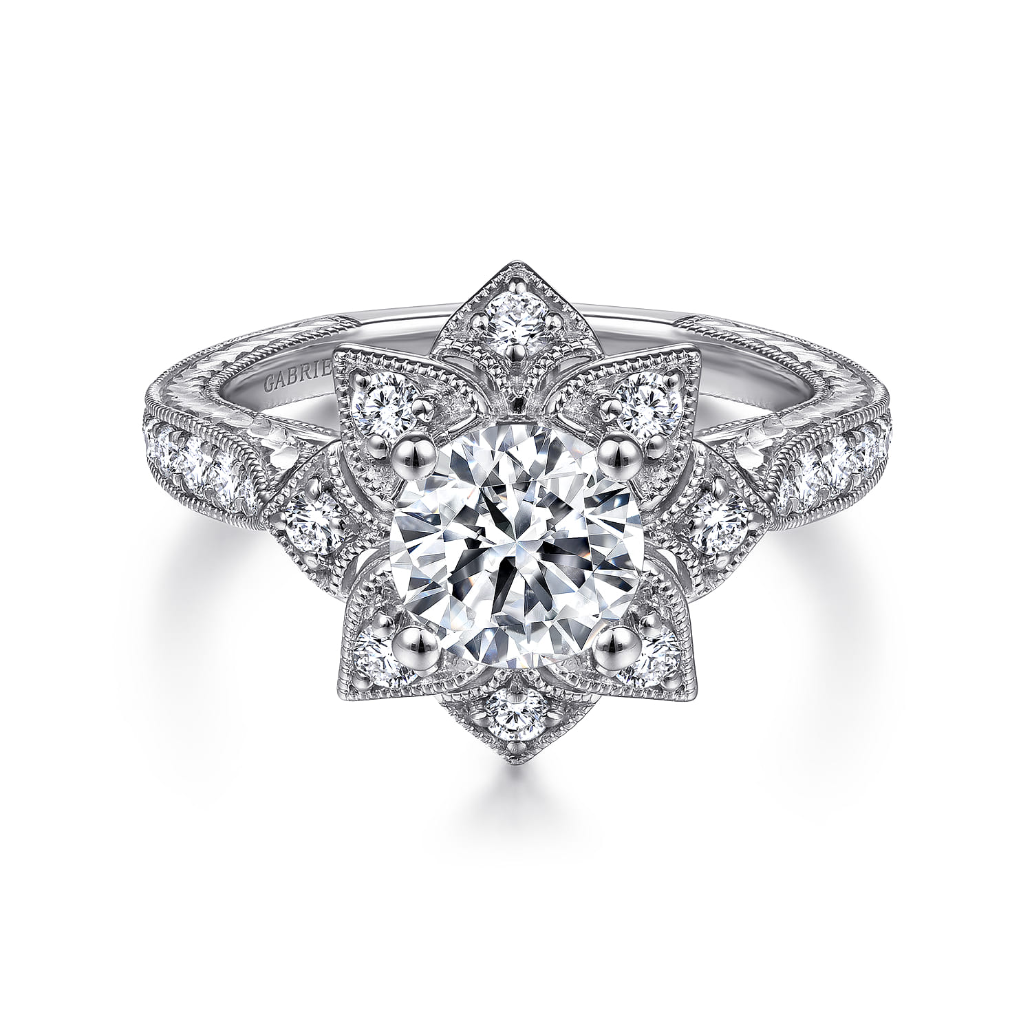 Unique 14K White Gold Halo Diamond Engagement Ring