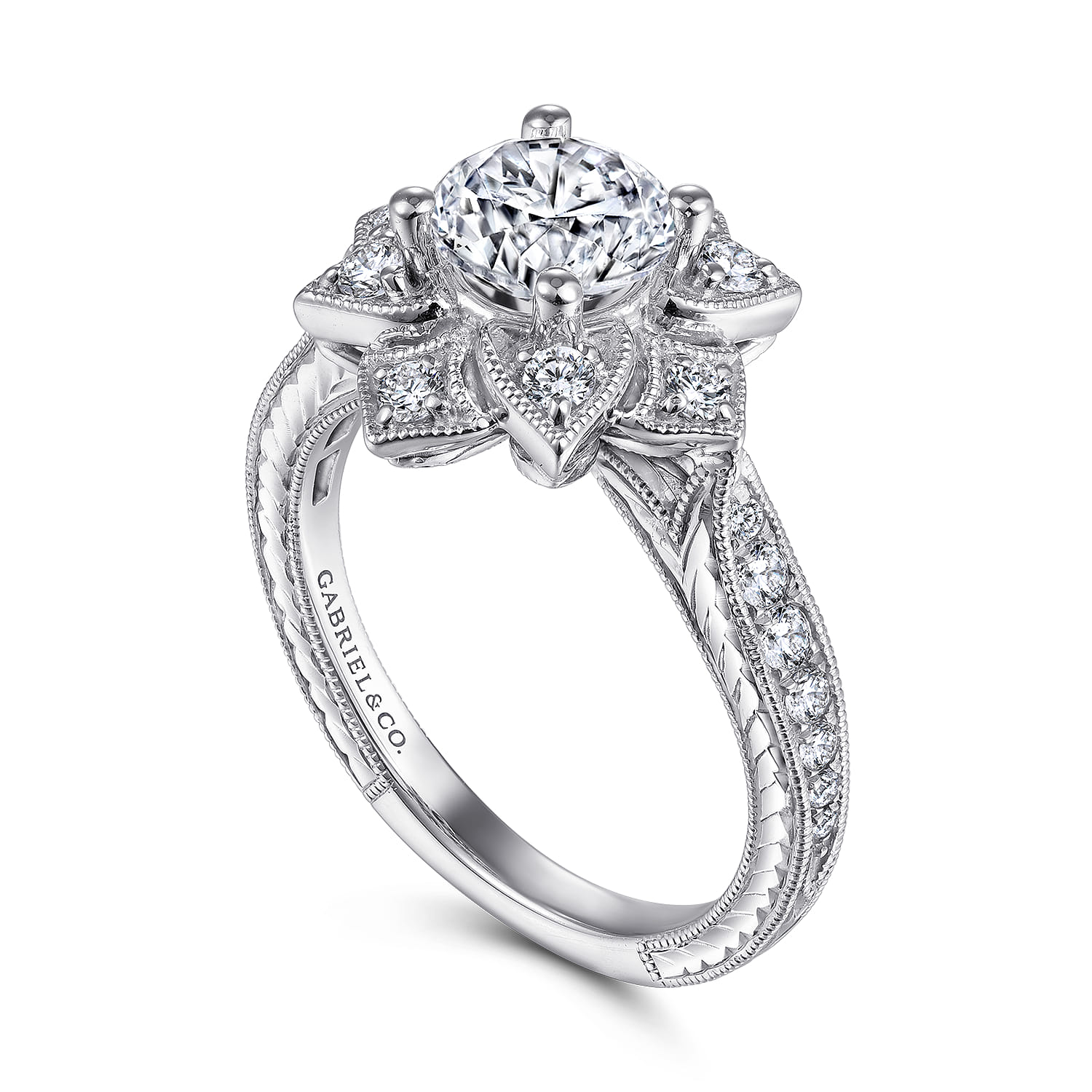 Unique 14K White Gold Halo Diamond Engagement Ring