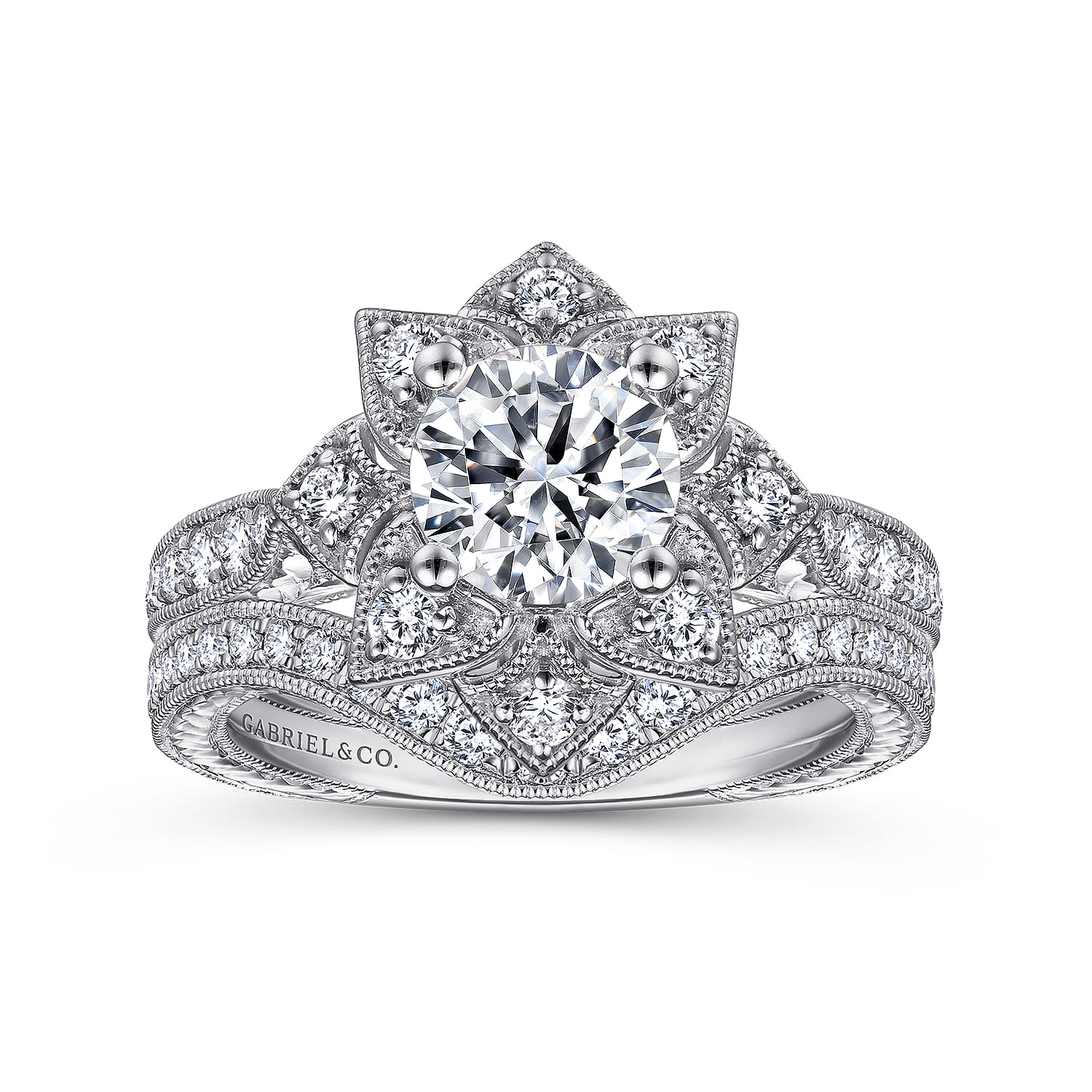 Unique 14K White Gold Halo Diamond Engagement Ring