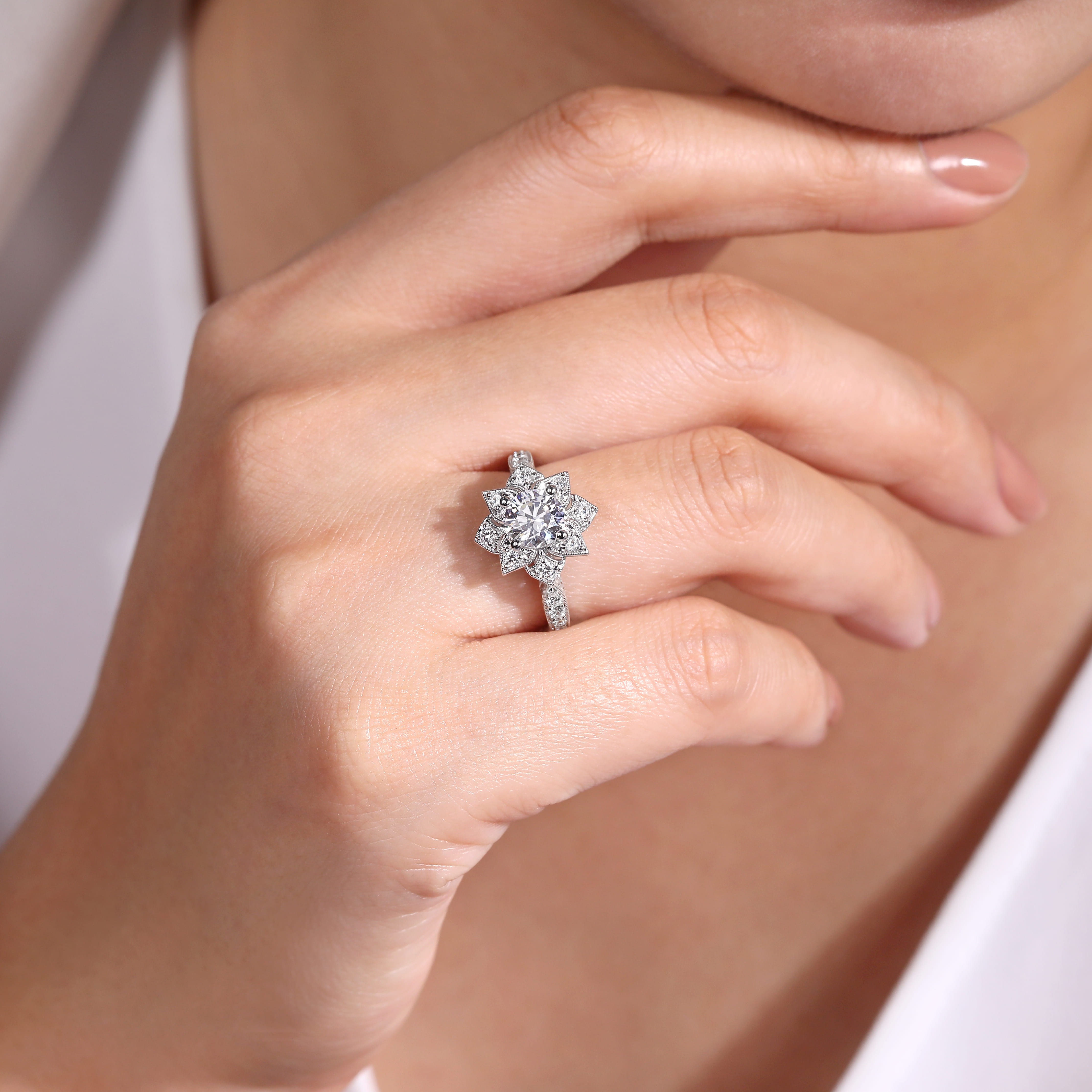 Unique 14K White Gold Halo Diamond Engagement Ring